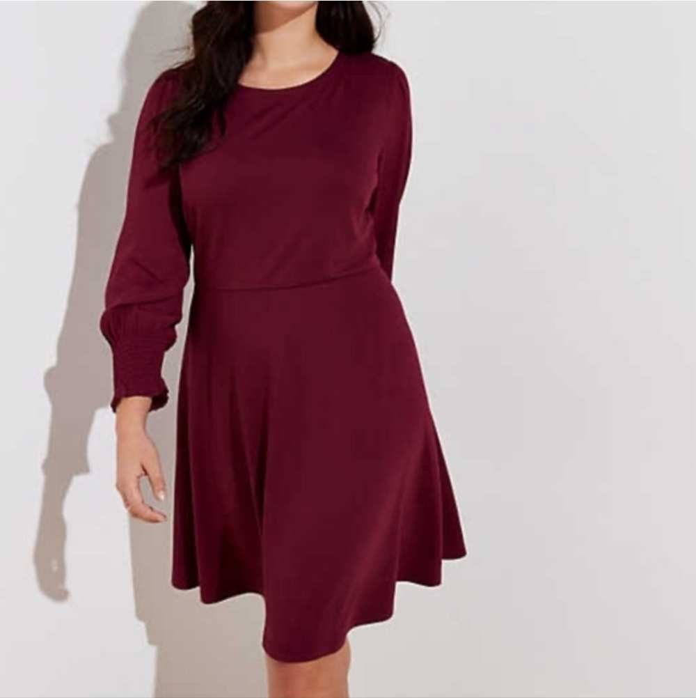 LOFT Plus Long Sleeve Smocked Cuff Fit and Flare Dress Midi Red Wine Size 20